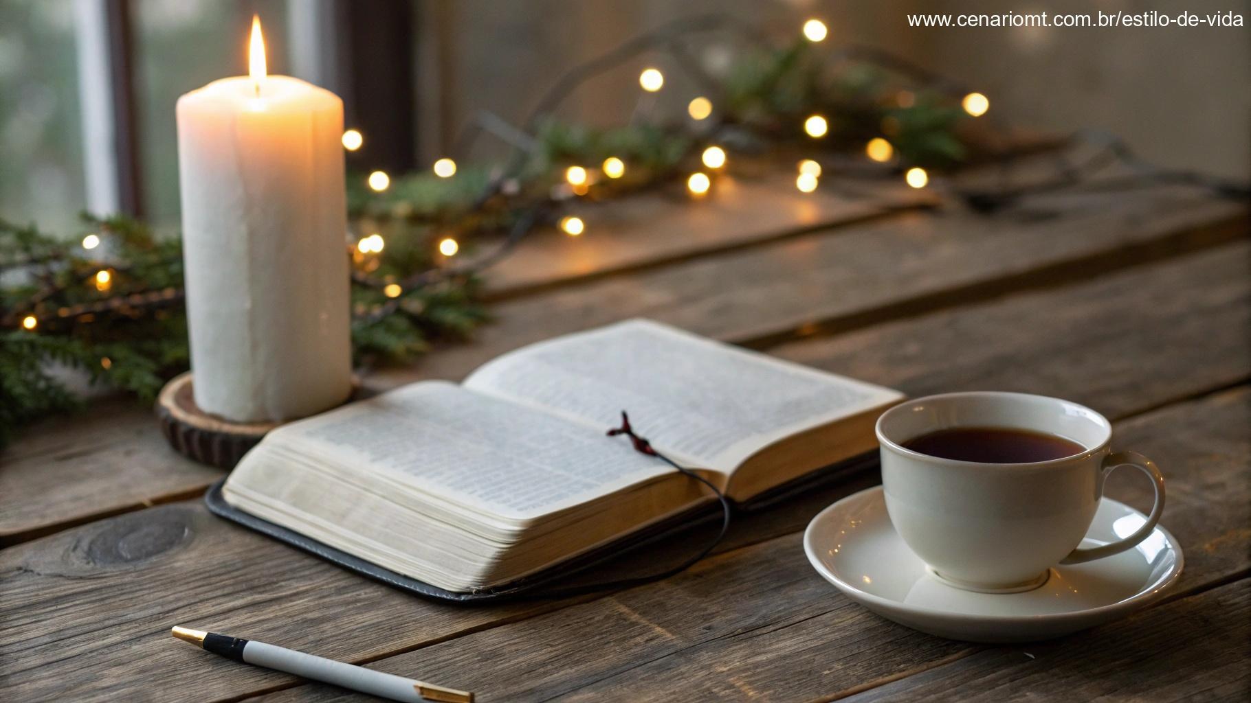Ambiente aconchegante com Bíblia, chá e luz de velas para reflexão.