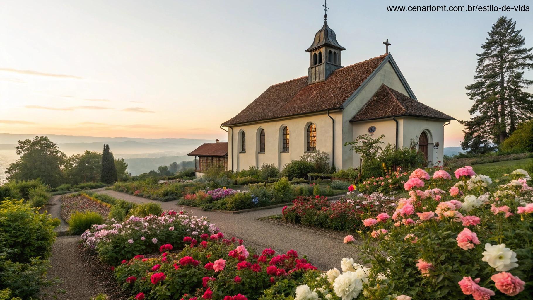 Igreja pacífica cercada por flores e iluminada pela luz suave da manhã, simbolizando fé e força espiritual.