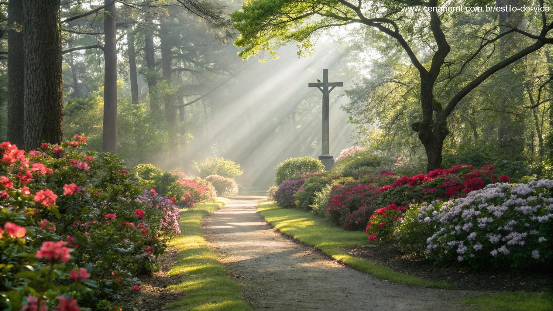 Jardim pacífico com flores vibrantes e uma cruz no final do caminho, simbolizando força espiritual.