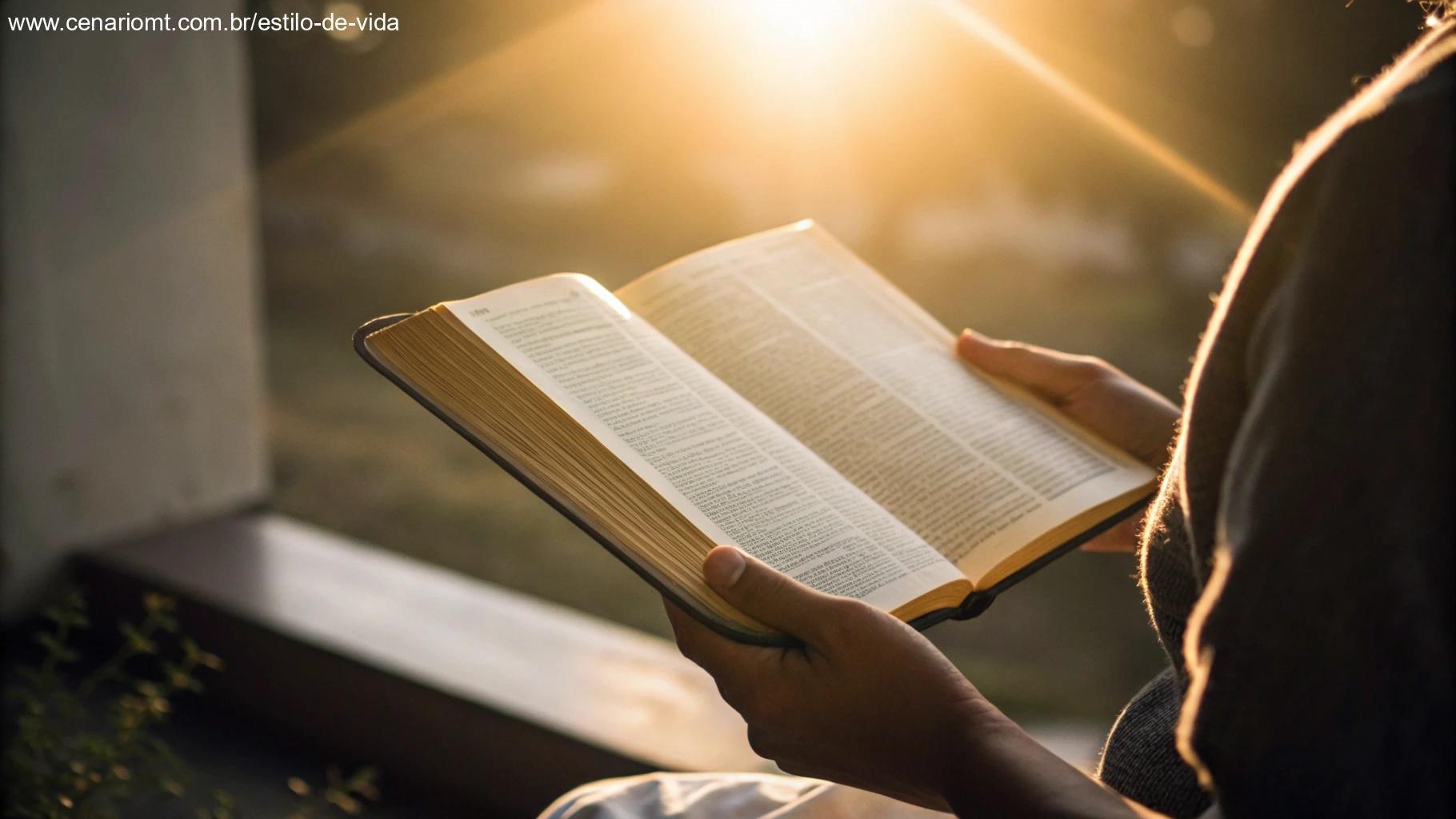Mão segurando uma Bíblia aberta com raios de luz iluminando-a, simbolizando o fortalecimento da fé com a palavra de Deus.