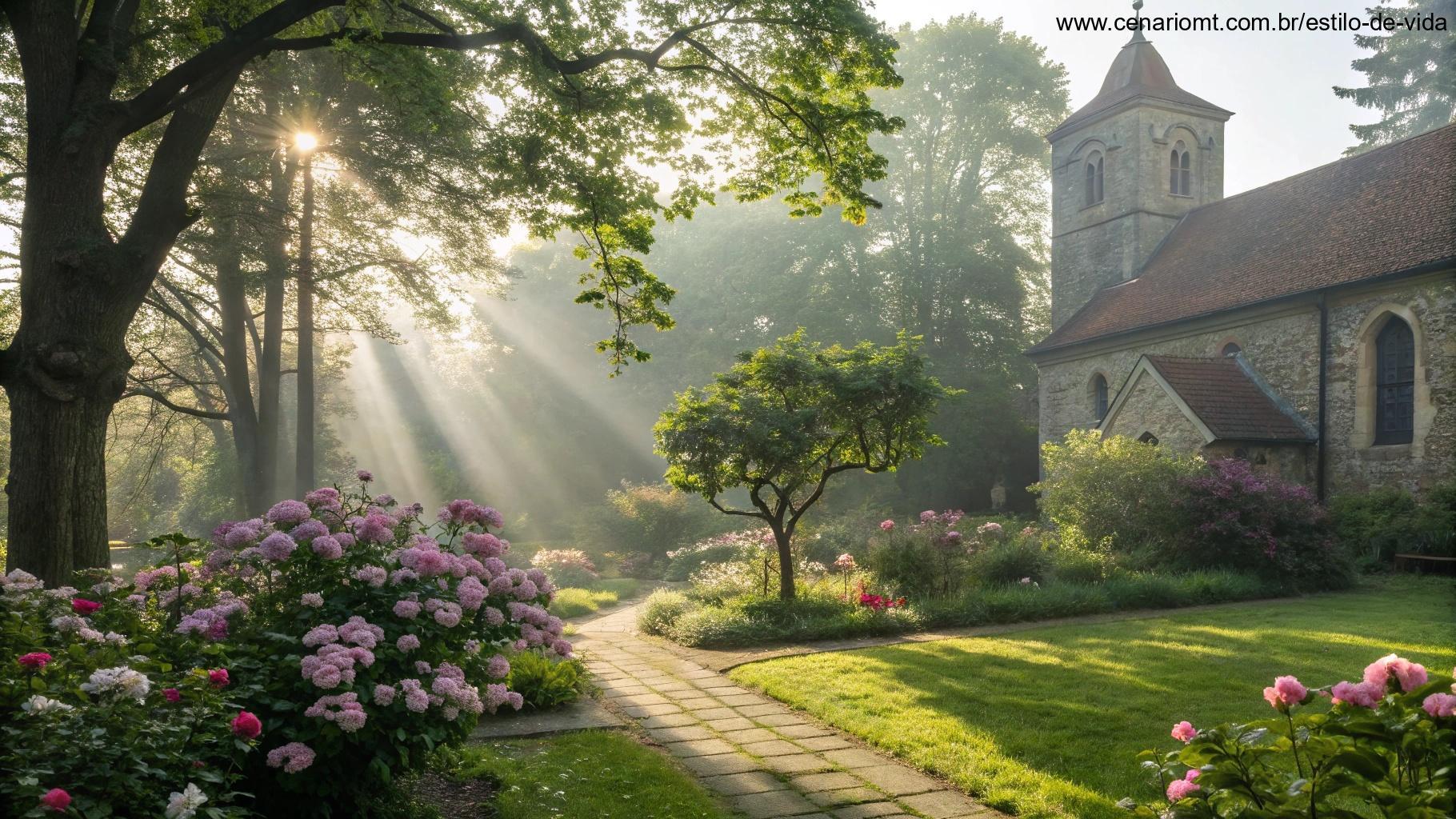 Cena tranquila de manhã em um jardim de igreja com flores florescendo, raios suaves de sol e uma brisa leve.