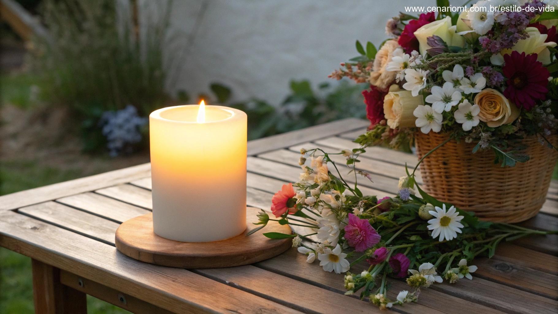 Uma vela acesa sobre uma mesa de madeira cercada por flores frescas, criando uma atmosfera calma para representar o fortalecimento diário da fé.