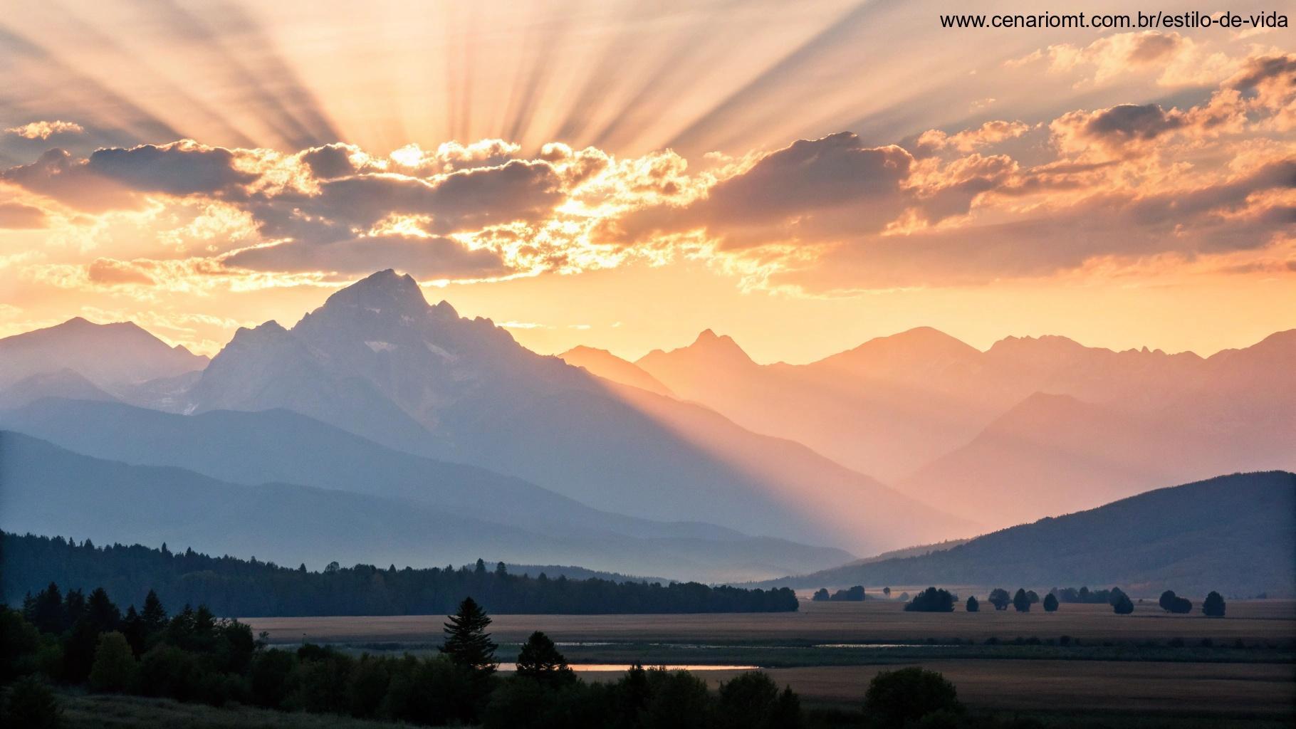 Imagem espiritual de um amanhecer pacífico sobre uma cadeia de montanhas, com raios de luz suaves, simbolizando força e esperança.