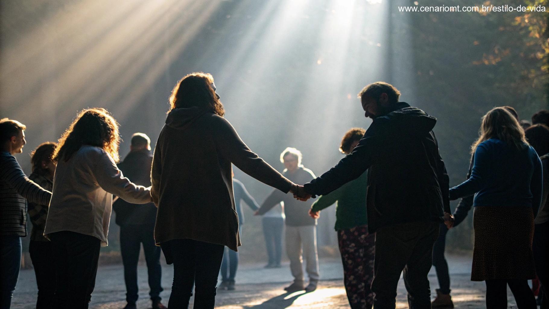 Um grupo de pessoas reunidas em círculo, de mãos dadas, com raios de luz vindo de cima, representando unidade e fé.