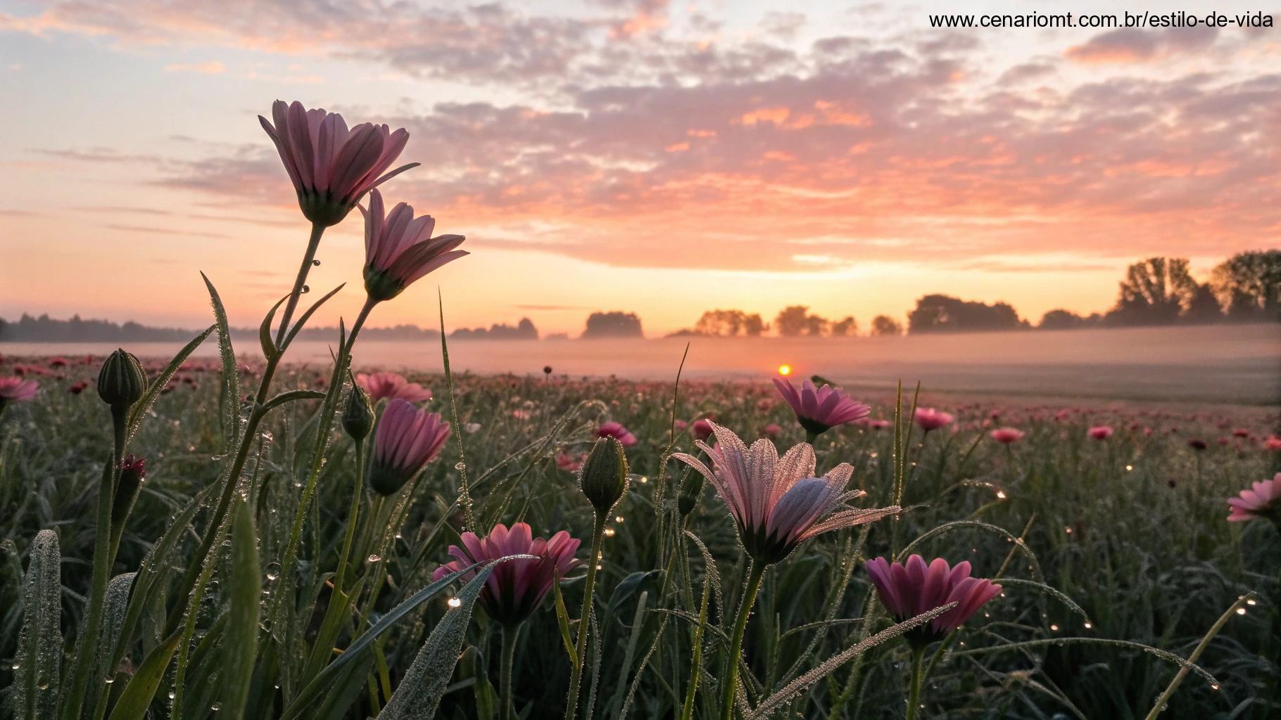 Amanhecer sobre um campo de flores, simbolizando o fortalecimento espiritual diário.