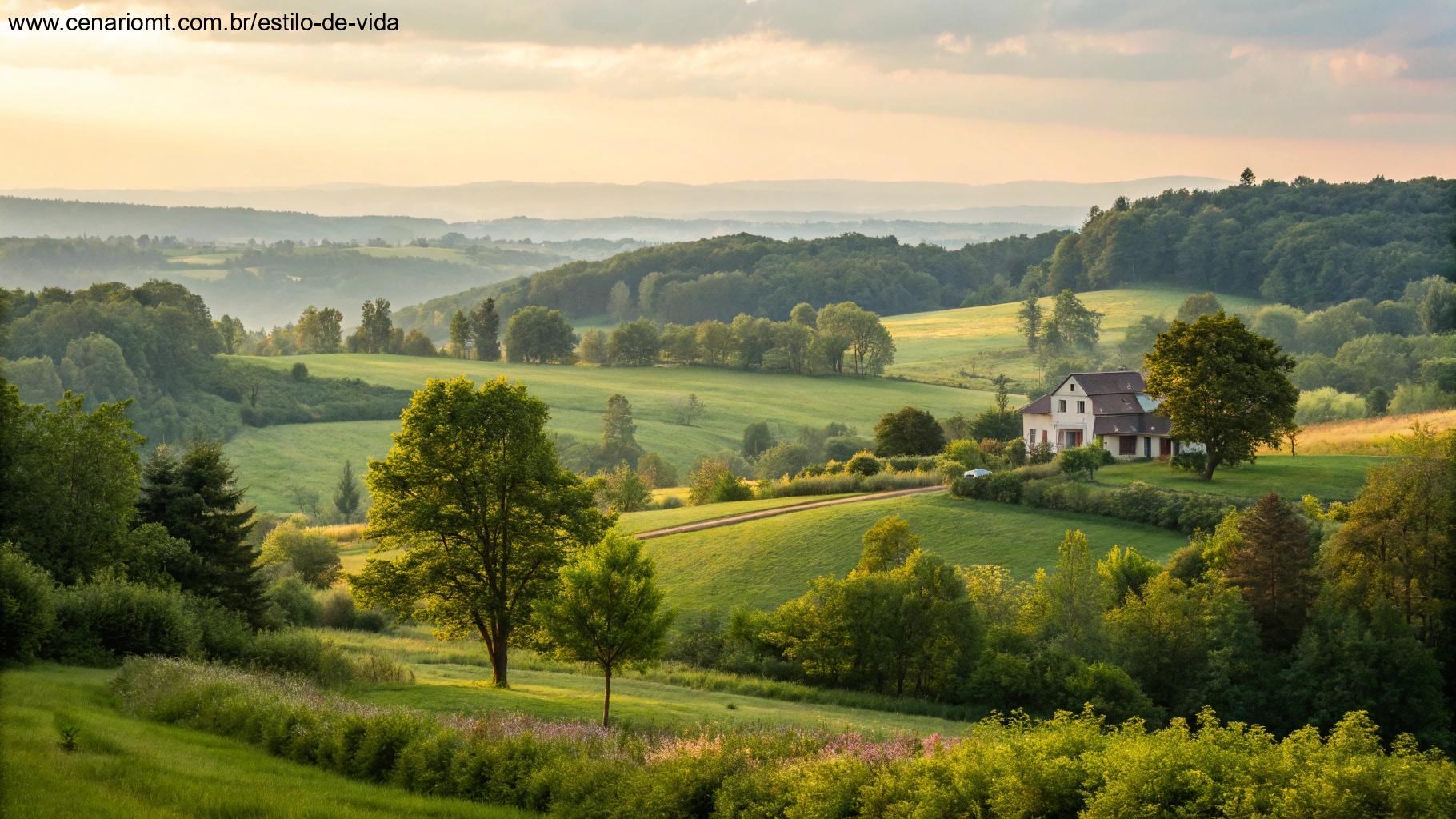 Imagem de uma paisagem tranquila com uma casa acolhedora ao fundo.