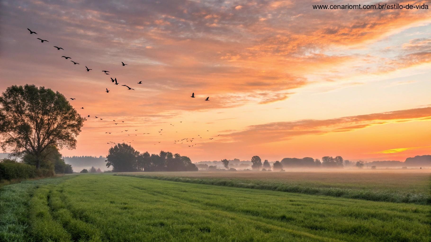 Cena serena e bela com a natureza, mostrando o nascer do sol sobre um campo tranquilo com aves voando.