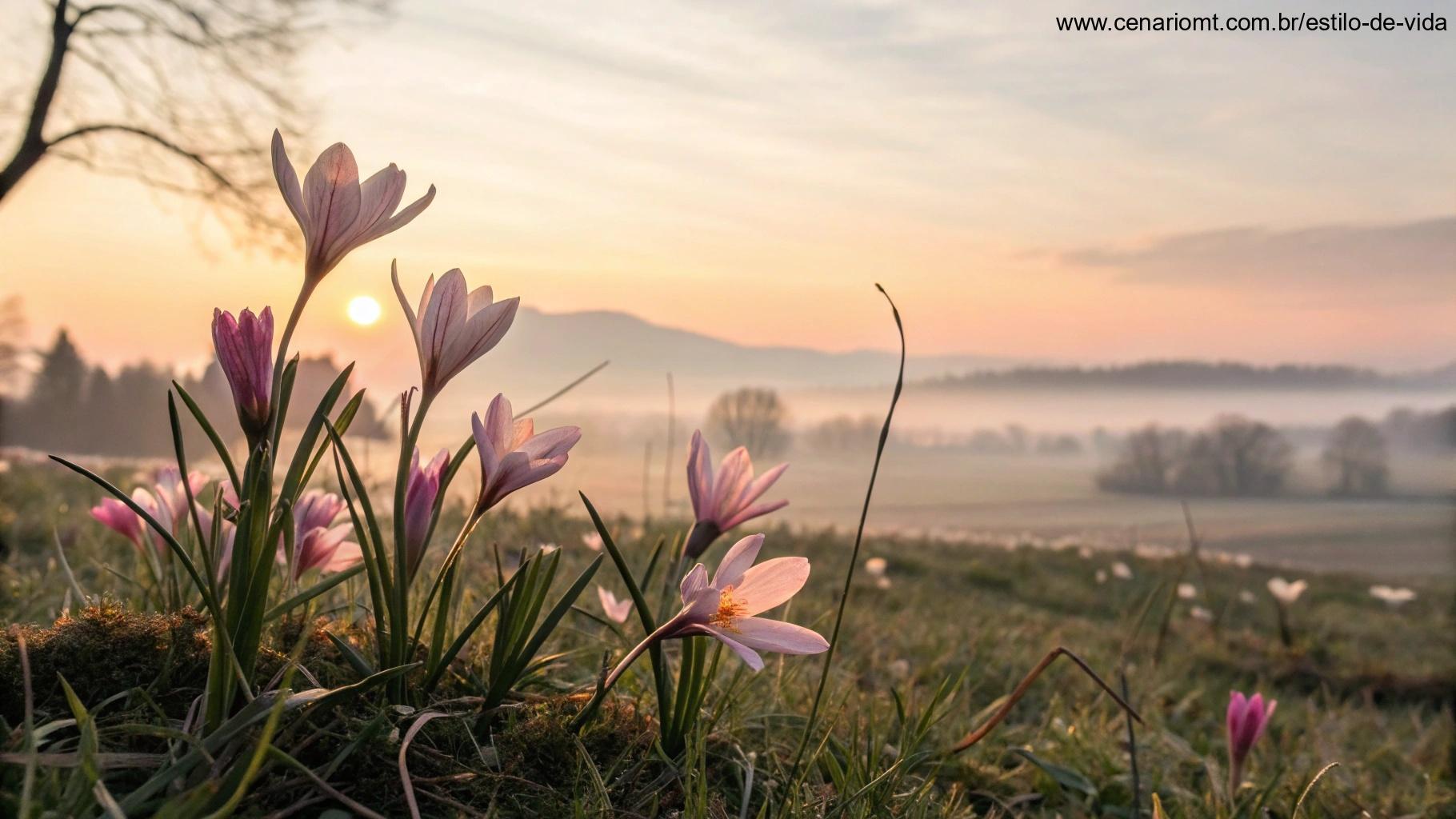 Nascer do sol suave e quente com flores delicadas florescendo ao fundo, transmitindo carinho e fé para começar o dia.