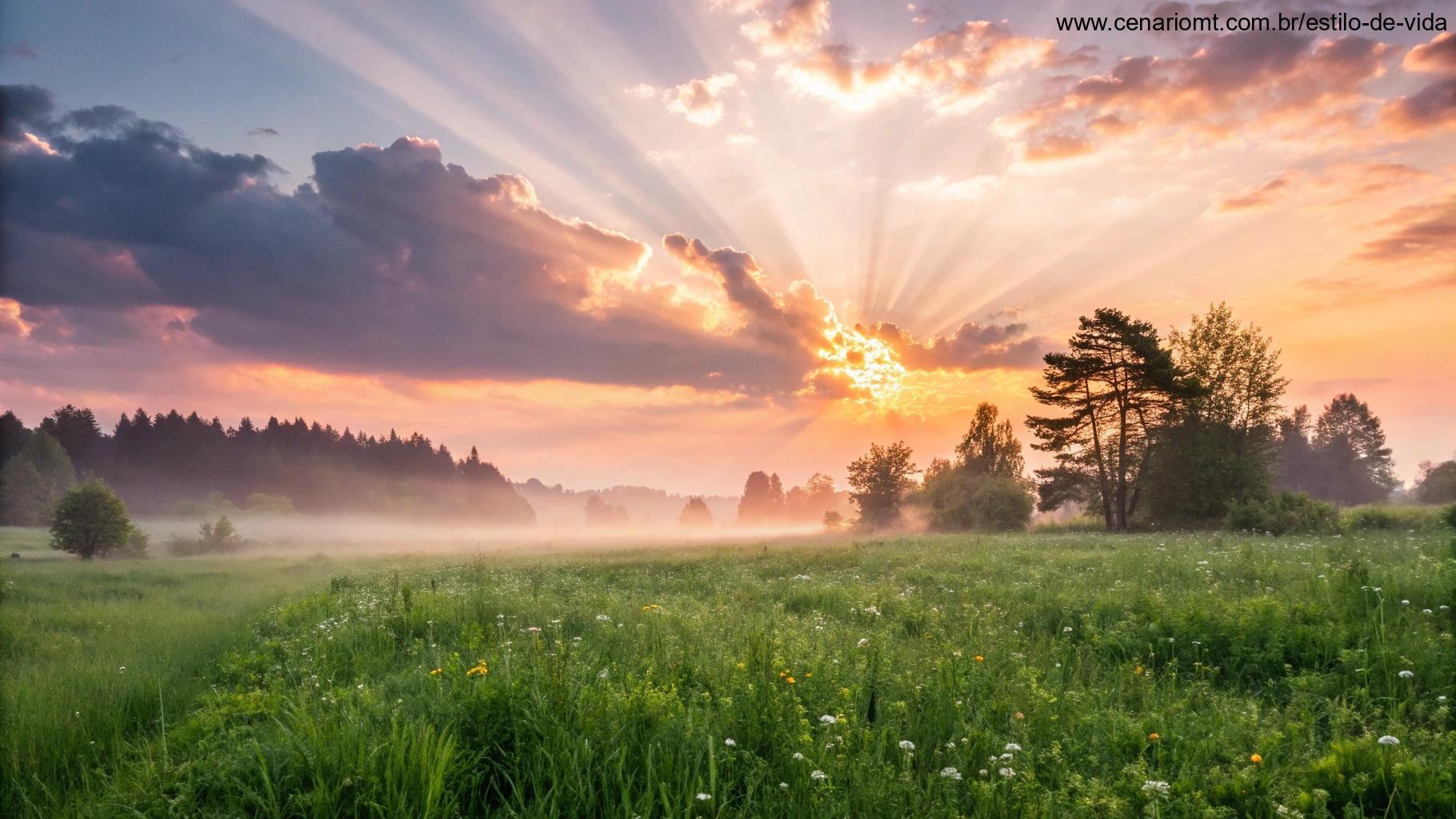 Um amanhecer vibrante com raios de luz rompendo as nuvens, iluminando suavemente um campo verdejante, representando uma oração matinal cheia de esperança para domingo.