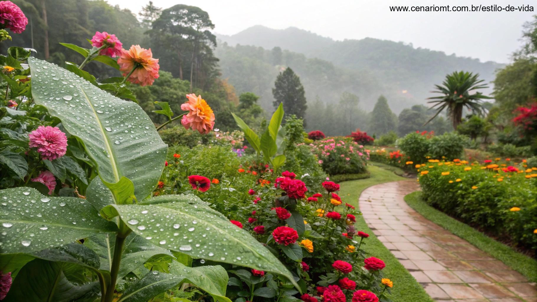 Imagem de um jardim vibrante com flores e folhas molhadas com orvalho.