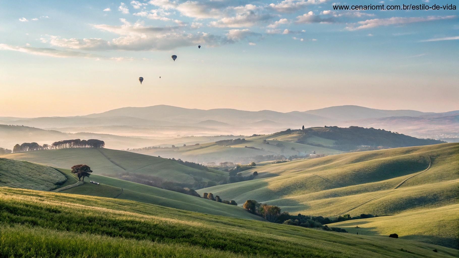 Imagem de palavras inspiradoras flutuando acima de uma paisagem tranquila com colinas suaves e céu claro.