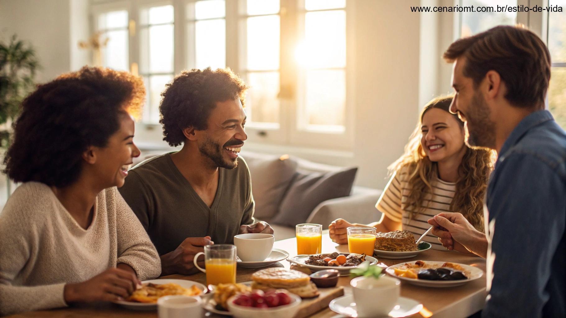 Uma cena matinal acolhedora e convidativa, com amigos e familiares se reunindo ao redor de uma mesa de café da manhã, sorrindo e compartilhando momentos juntos, com luz natural suave entrando