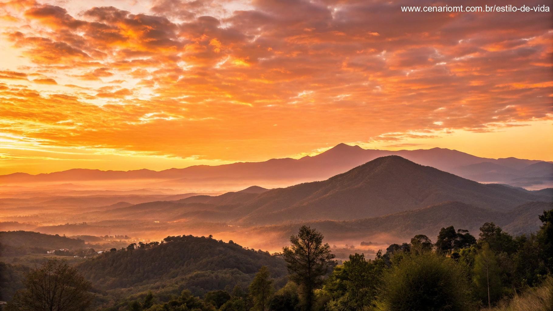 Um nascer do sol vibrante sobre uma cadeia de montanhas, lançando um brilho dourado na terra abaixo, simbolizando o compartilhamento de positividade e boas vibrações pela manhã.