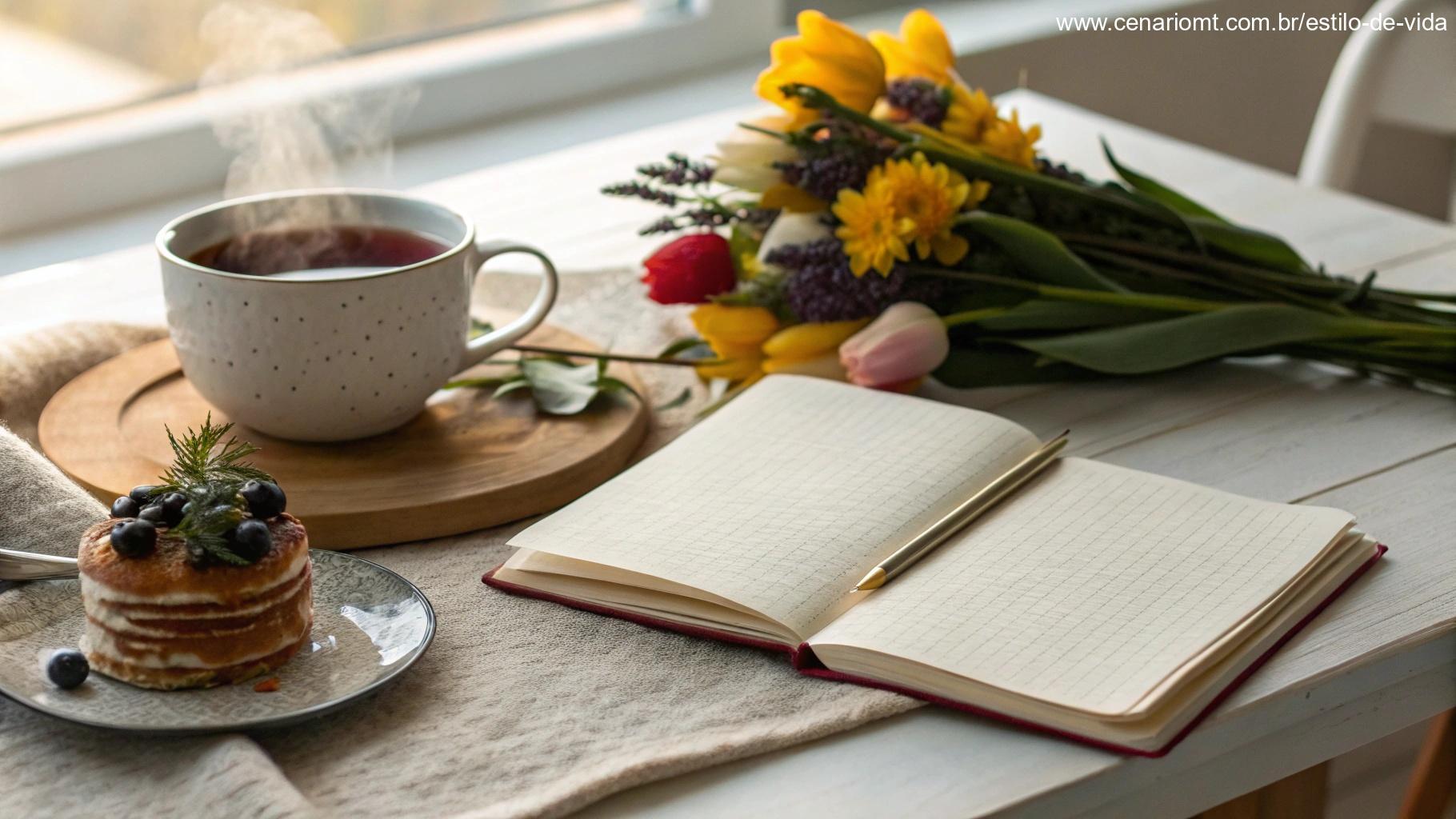 Mesa de café da manhã aconchegante com chá quente, flores frescas e um caderno aberto.