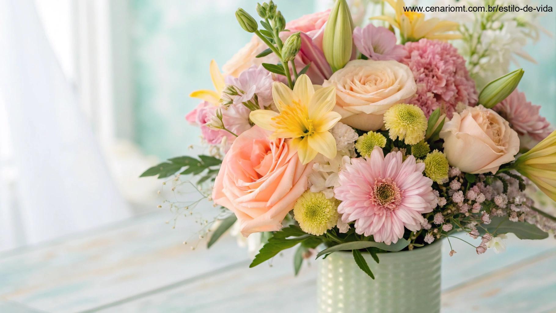 Um vibrante buquê de flores em cores suaves, simbolizando positividade e boas vibrações, com um fundo leve e arejado.