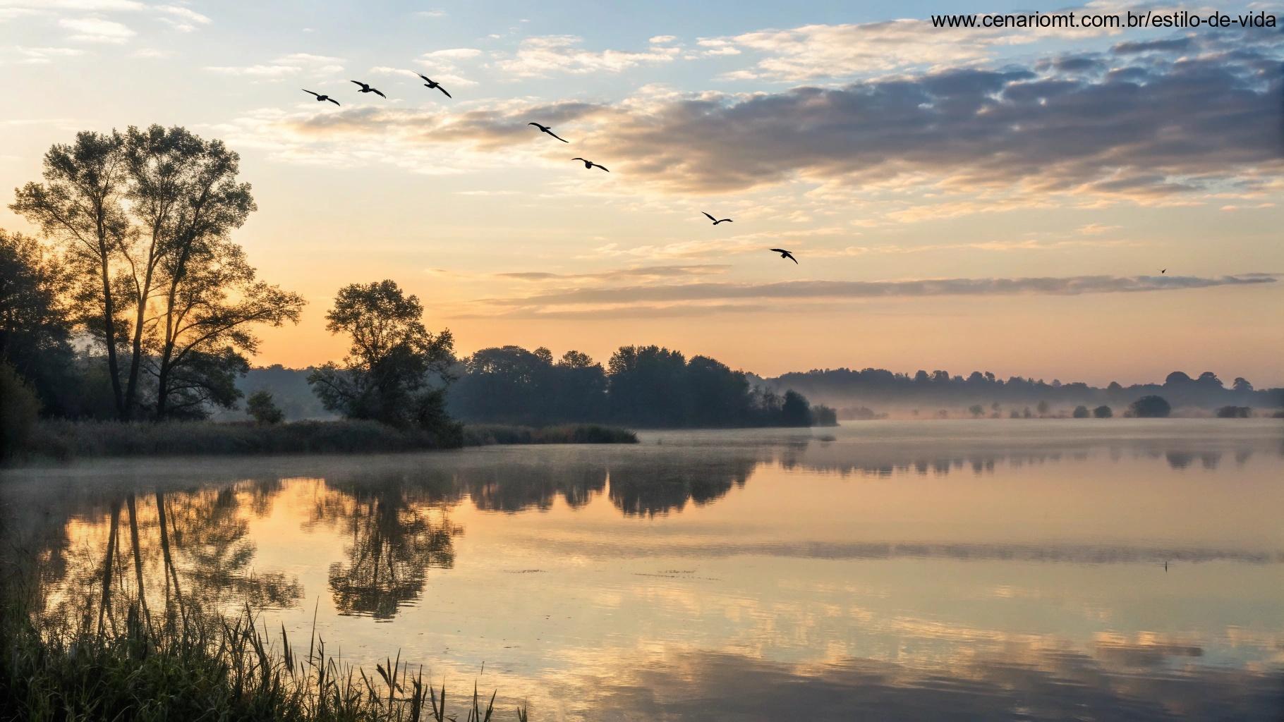 Um amanhecer sereno sobre um lago tranquilo, com reflexos suaves do céu e árvores na água. Algumas aves voam pelo céu, transmitindo um sentimento de paz.