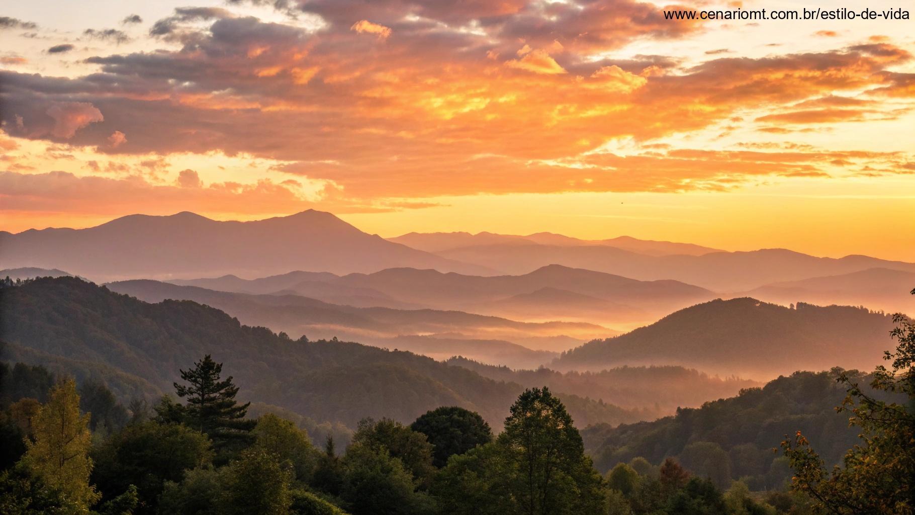 Nascer do sol sobre uma cadeia de montanhas tranquilas, banhado por tons dourados, simbolizando o início de um dia abençoado.