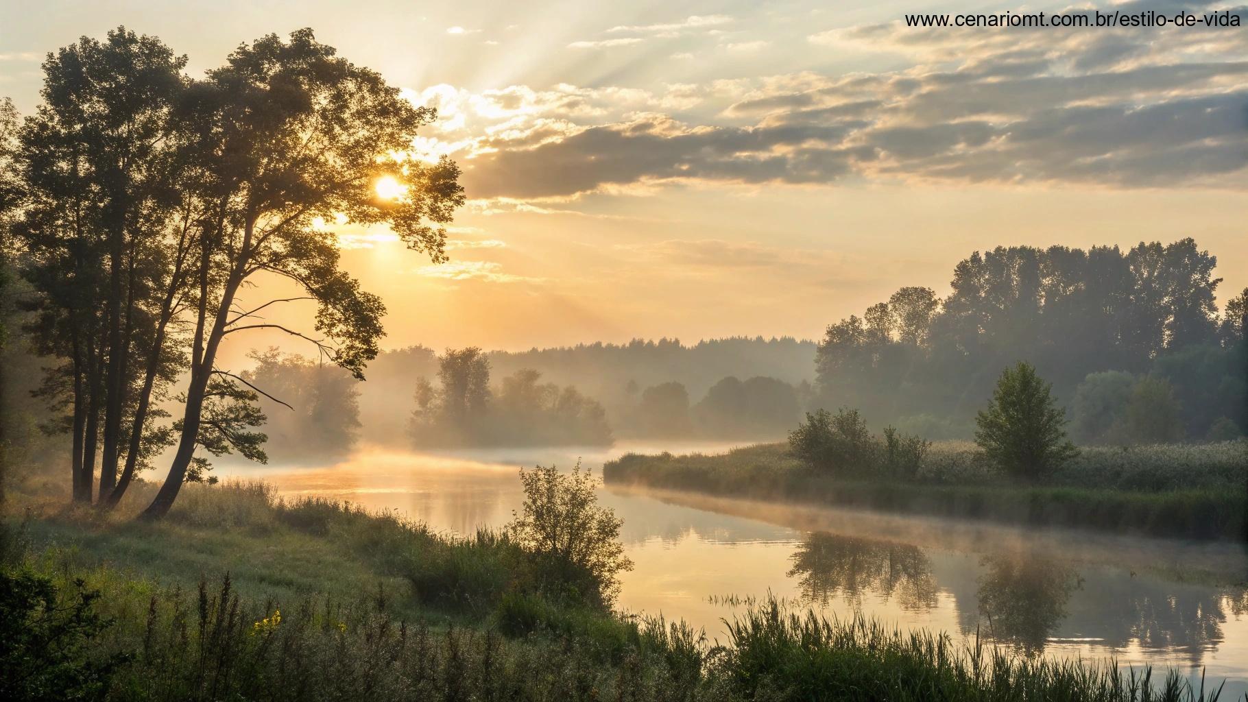 Imagem de um amanhecer suave sobre uma paisagem tranquila, com raios de luz suavemente atravessando as árvores, trazendo uma sensação de renovação e positividade para a quinta-feira.