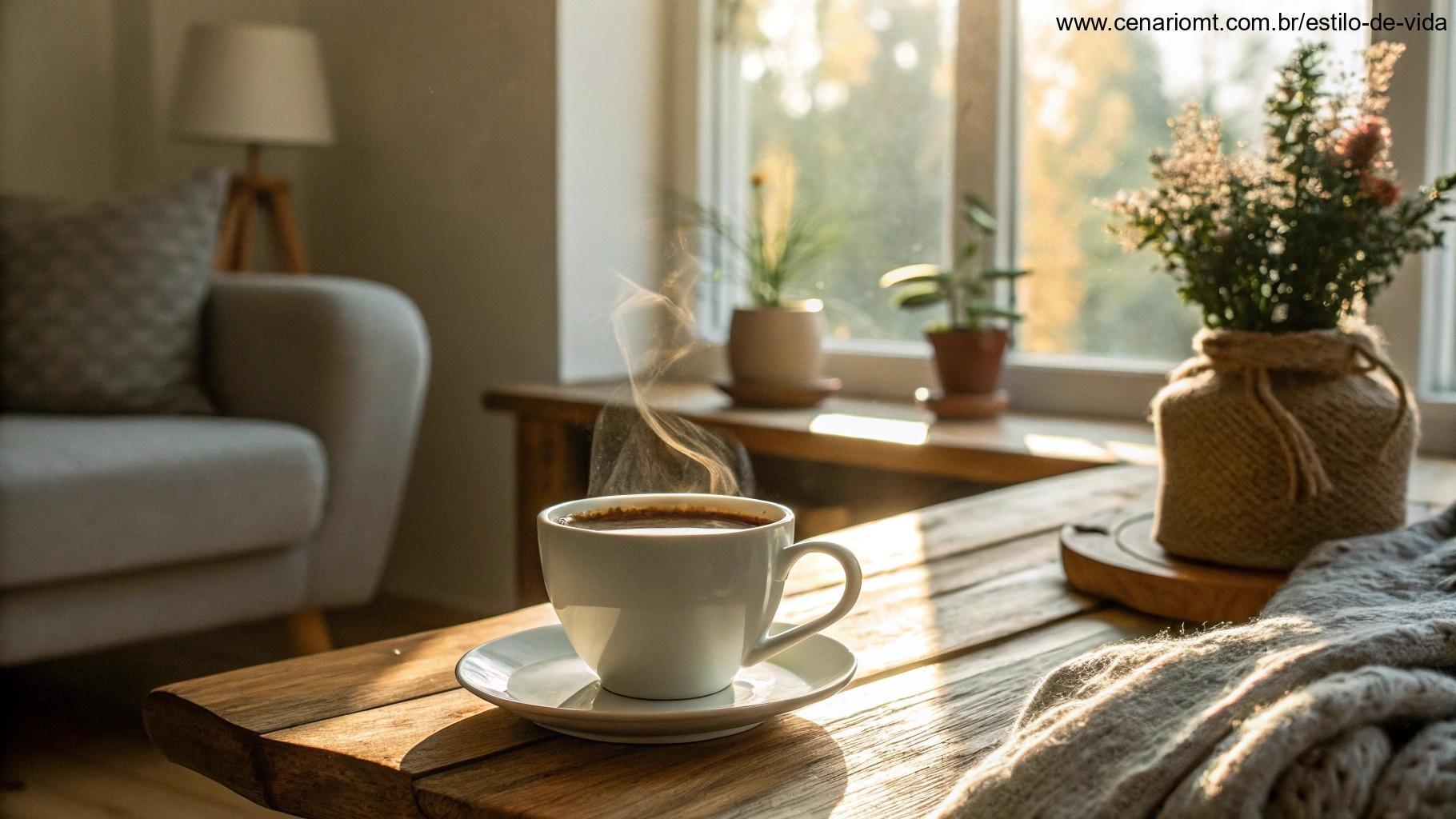Uma xícara de café em uma mesa aconchegante, com luz suave da manhã entrando pela janela, simbolizando um começo caloroso e reflexivo para o sábado com palavras positivas.