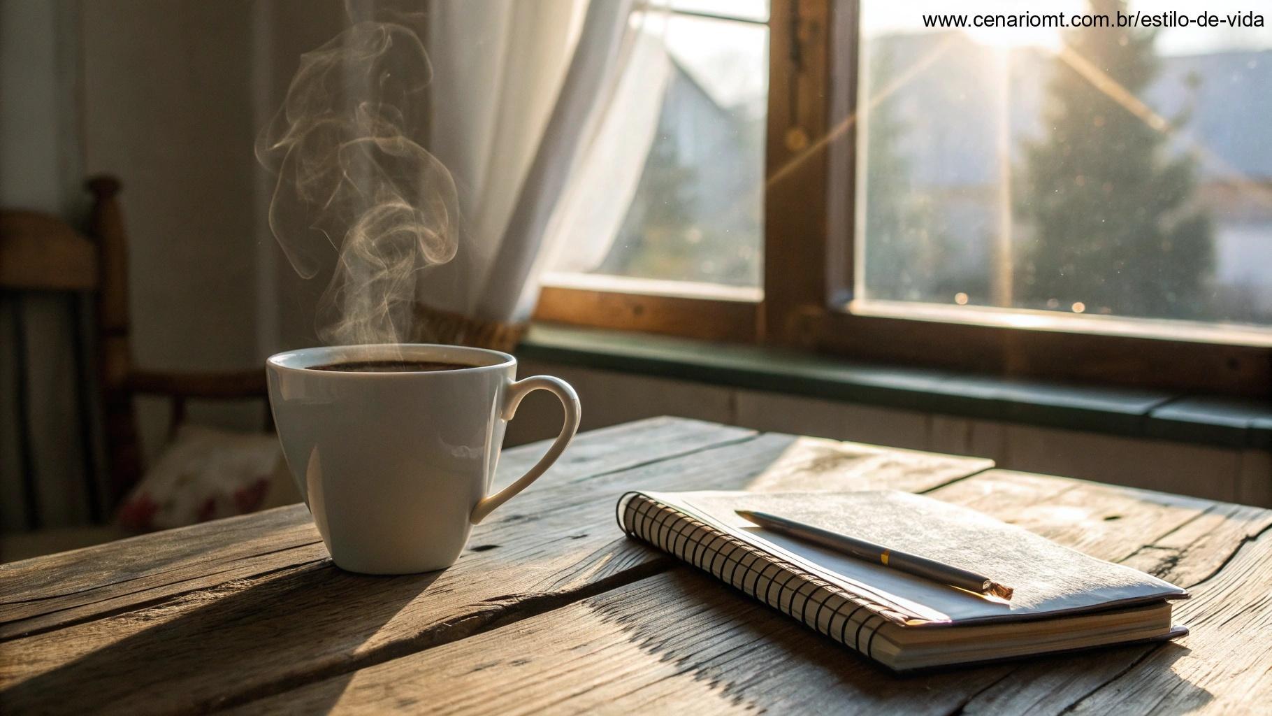 Xícara de café fumegante sobre uma mesa rústica com um caderno ao lado, refletindo mensagens motivacionais para a terça-feira.