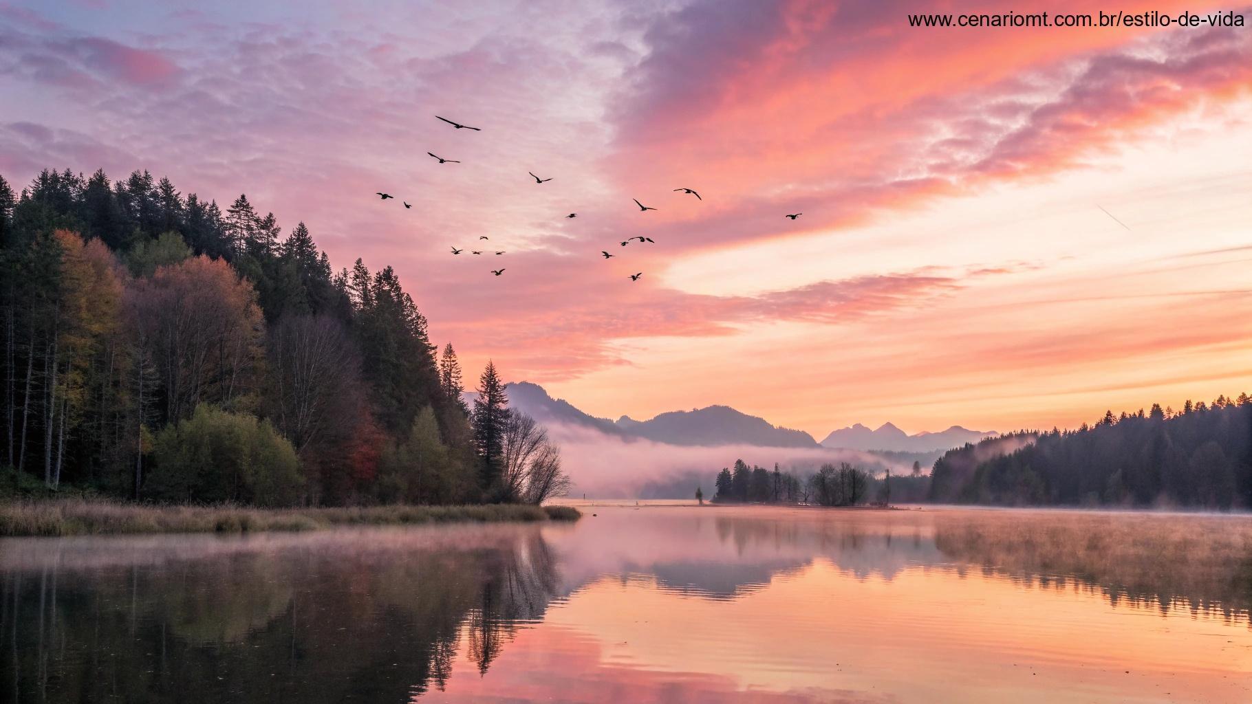 Paisagem serena e inspiradora com céus suaves em tons de rosa e laranja sobre um lago calmo, refletindo as cores do amanhecer.