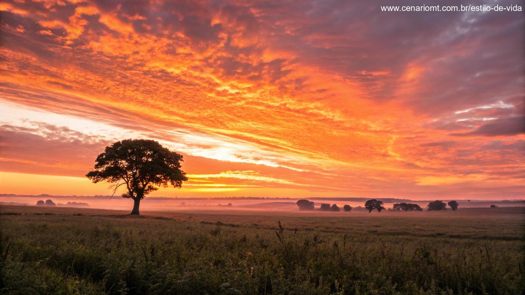 Vista de um nascer do sol sobre um campo vasto com um árvore solitária ao centro.