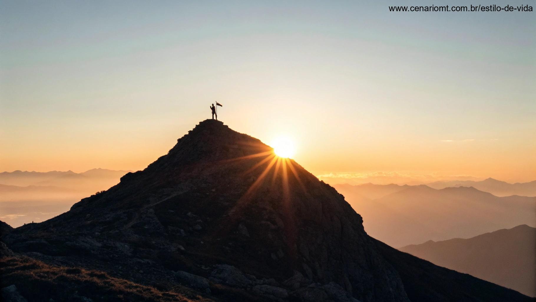 Imagem de uma citação motivacional sobre um fundo simples, como o pico de uma montanha com o sol nascente, simbolizando realização e produtividade para terça-feira.