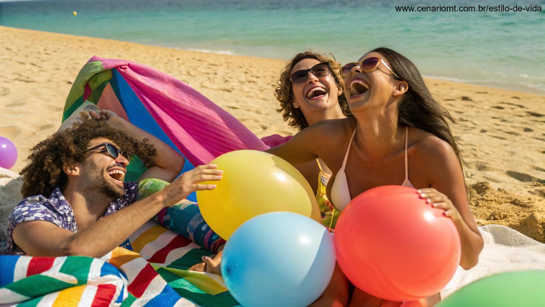 Cena divertida de amigos se divertindo em uma festa na praia.