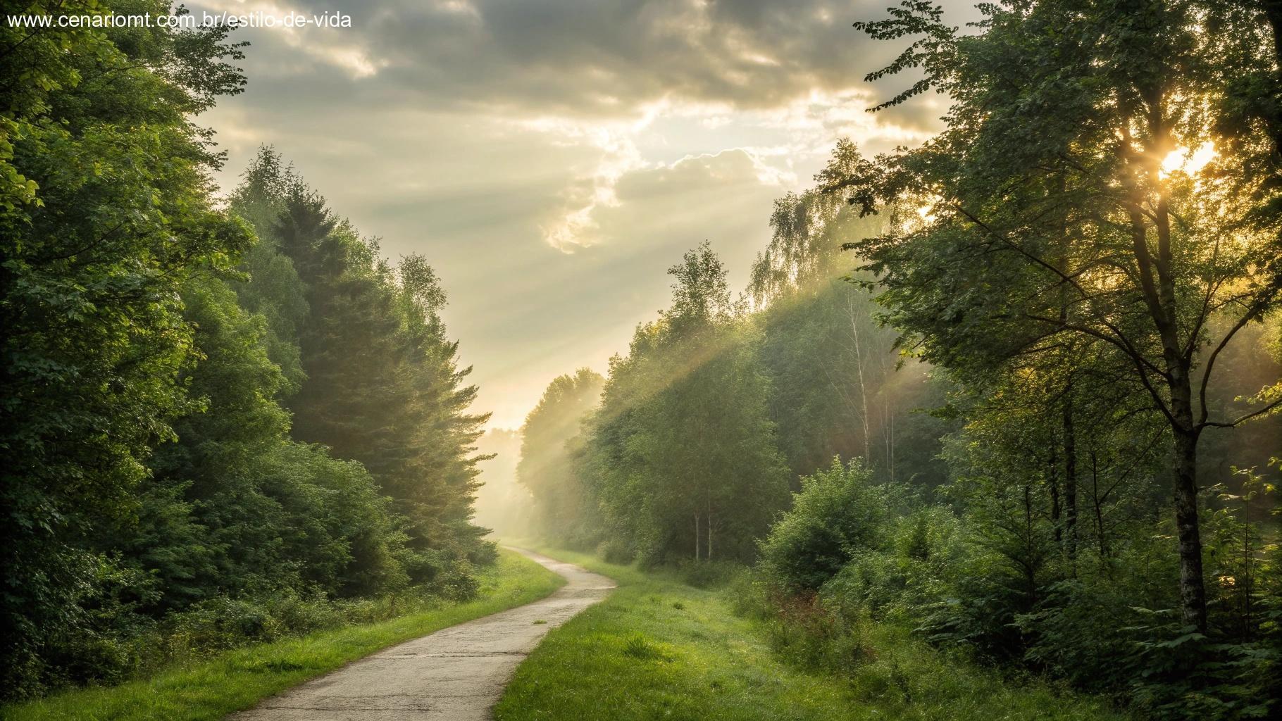 Um caminho tranquilo e calmo na floresta com a luz do sol filtrando pelas árvores, simbolizando uma sexta-feira especial e positiva, pronta para novas oportunidades.