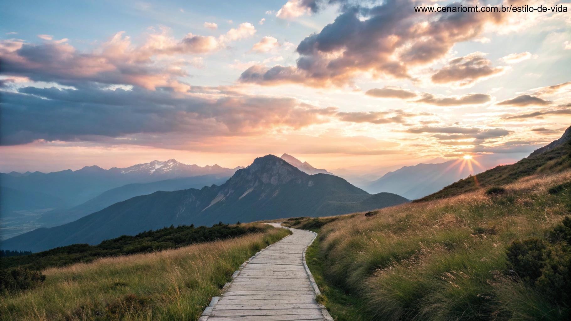 Imagem de uma tarde inspiradora com uma vista montanhosa ao fundo.