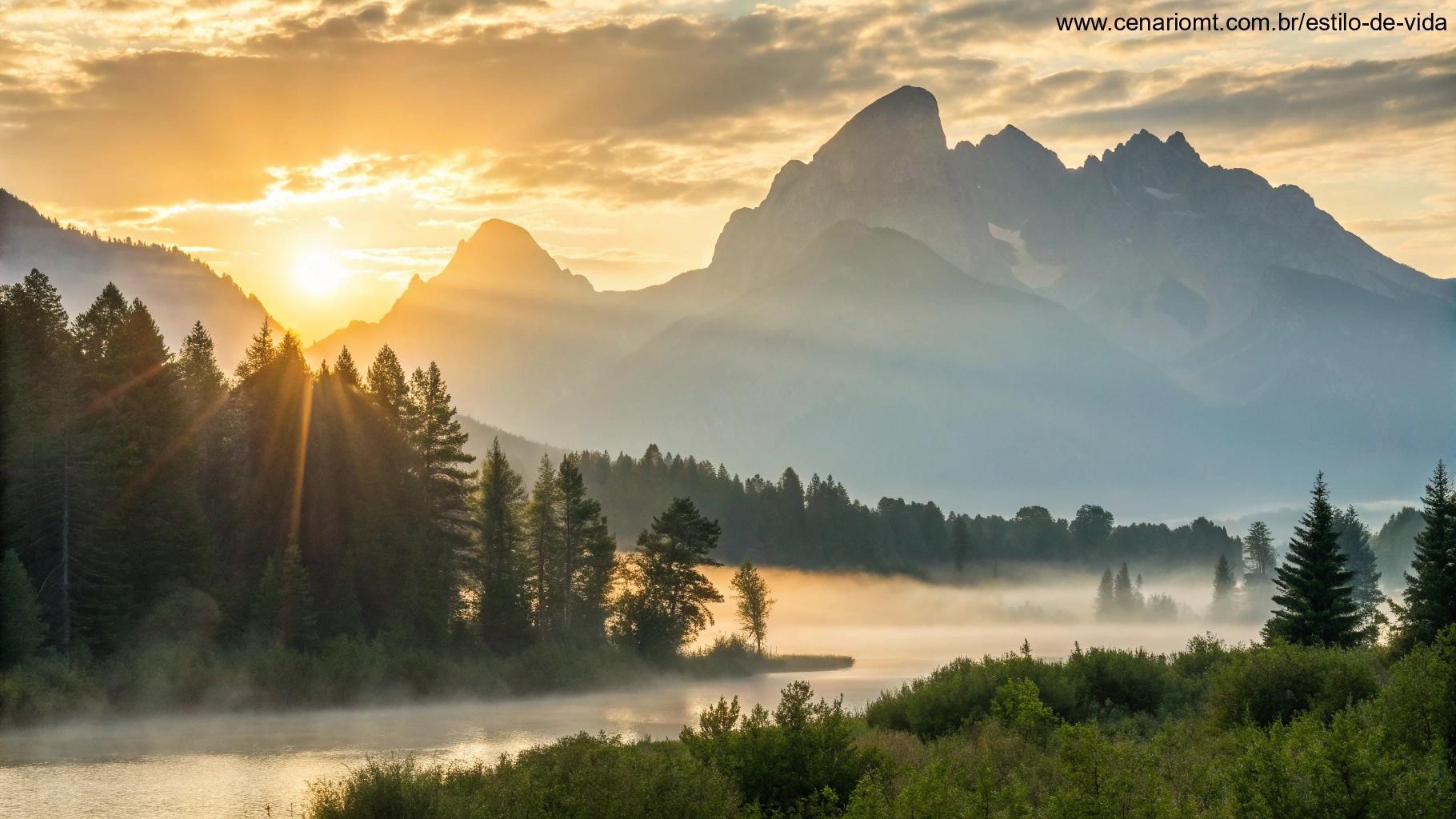 Frases inspiradoras para a quinta-feira com uma paisagem serena e o nascer do sol sobre montanhas.