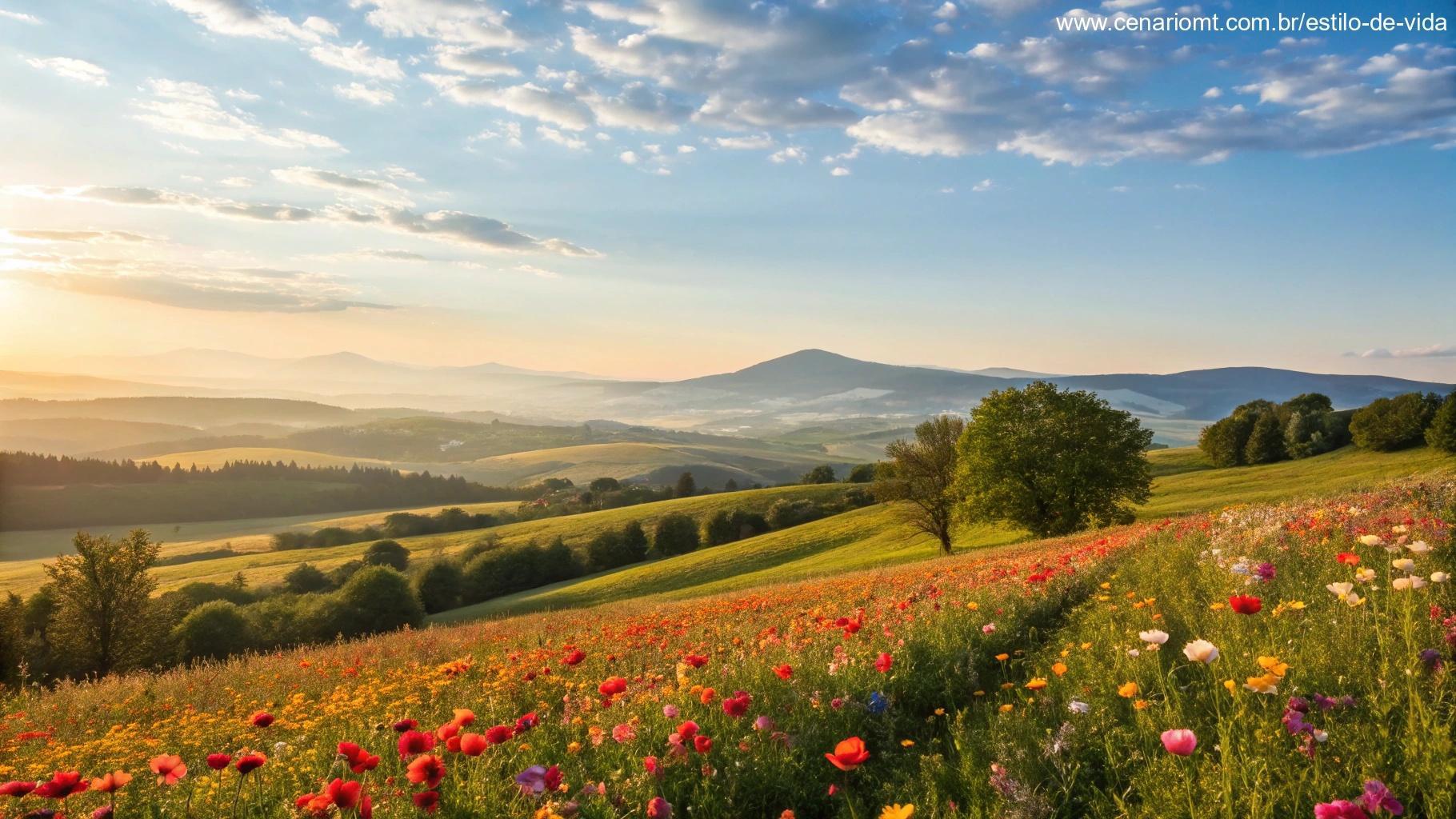 Uma paisagem ensolarada com flores em plena floração e céu claro, simbolizando inspiração e positividade para o início da sexta-feira.