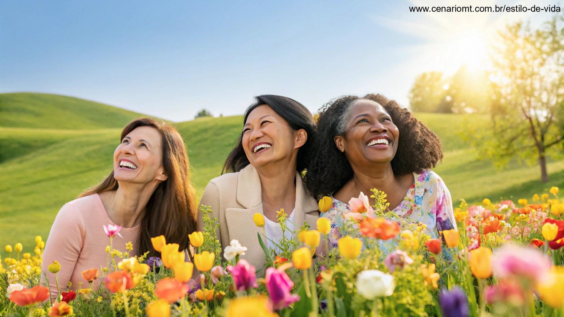 Cena matinal iluminada com flores vibrantes e mulheres sorrindo em união.