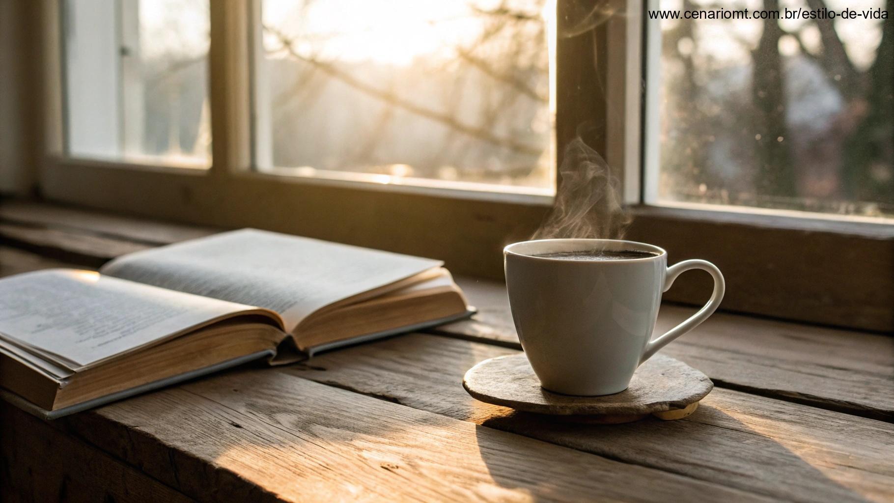 Xícara de café aconchegante sobre uma mesa de madeira perto de uma janela com luz suave da manhã, um livro aberto ao lado, evocando um início de dia tranquilo e inspirador.