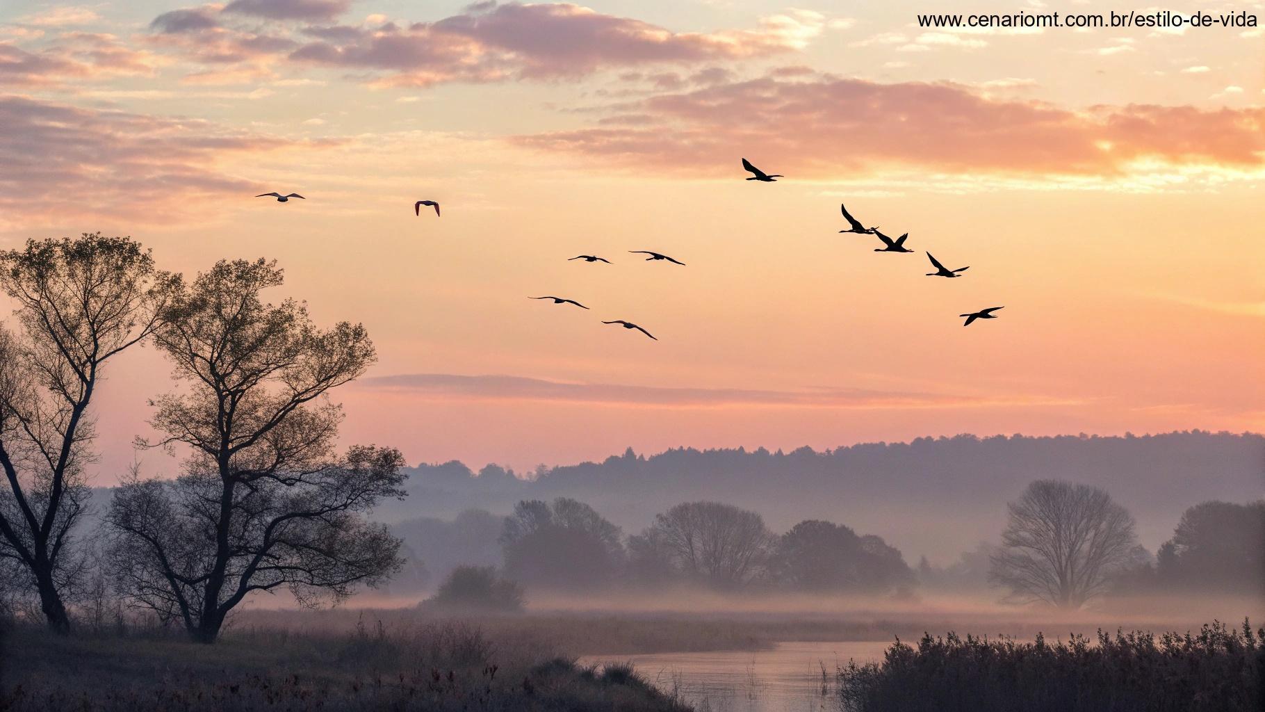 Cena de natureza tranquila e pacífica, com aves voando em direção ao amanhecer, simbolizando inspiração e amor.