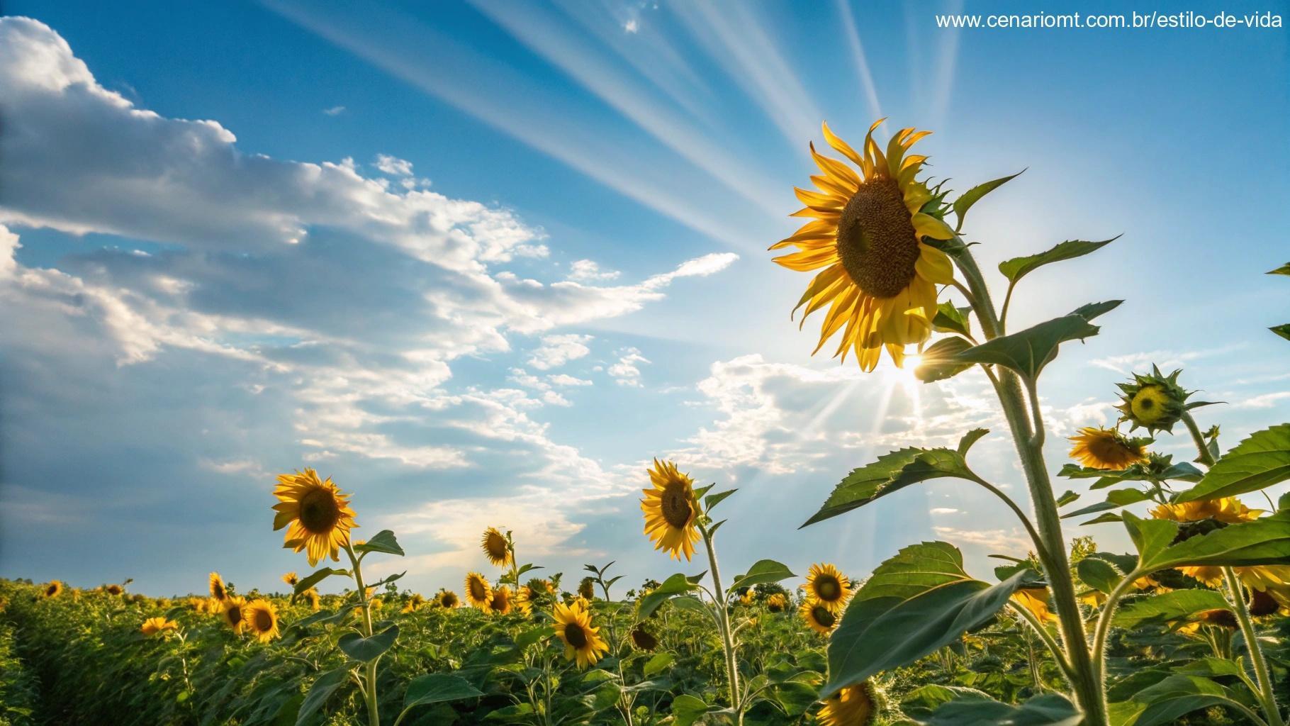 Campo vibrante de girassóis sob um céu azul brilhante, com raios de sol brilhando através das pétalas, simbolizando esperança, positividade e um novo começo.