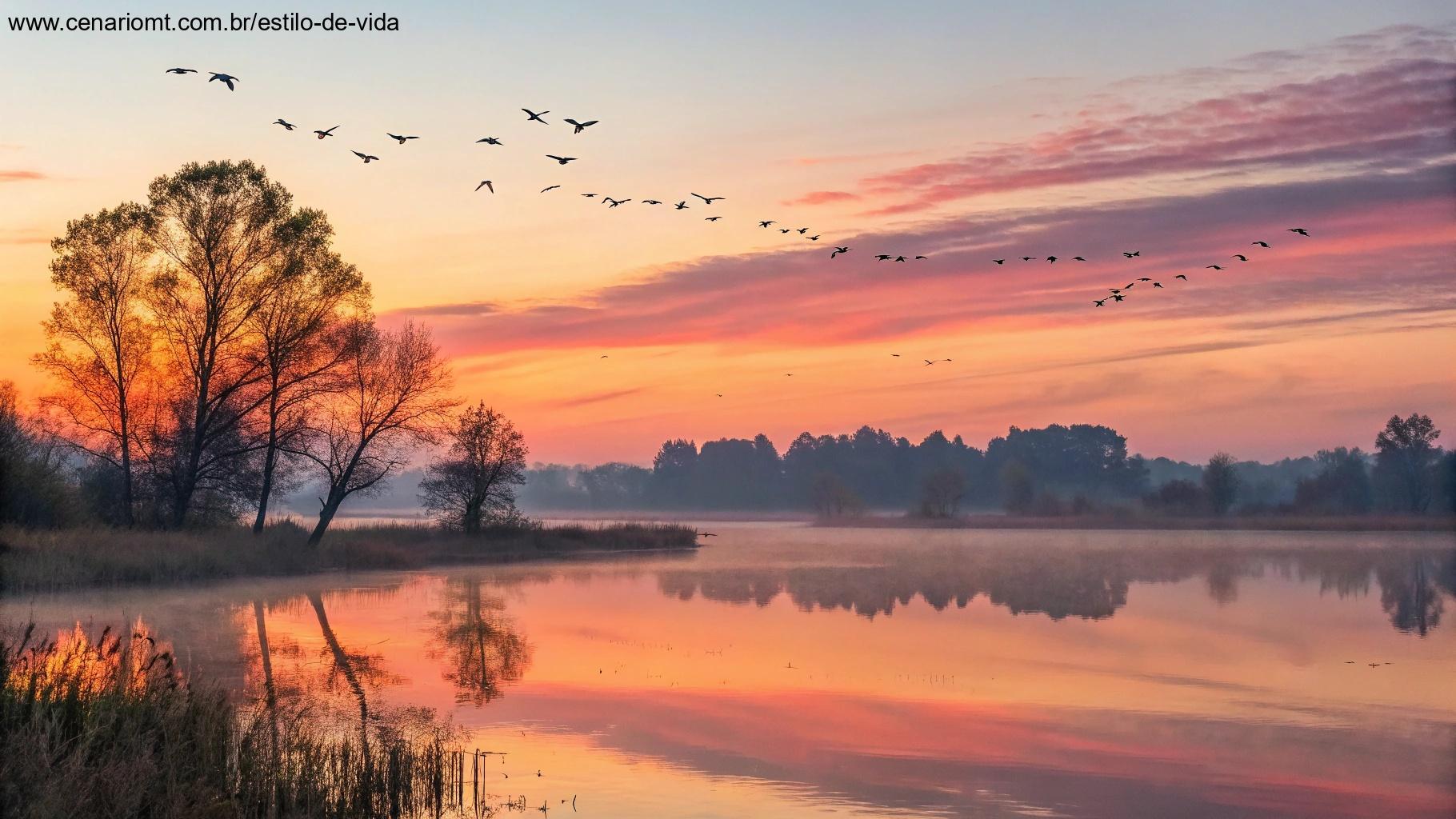 Vista serena de um lago refletindo o nascer do sol, com pássaros voando no céu, trazendo inspiração.
