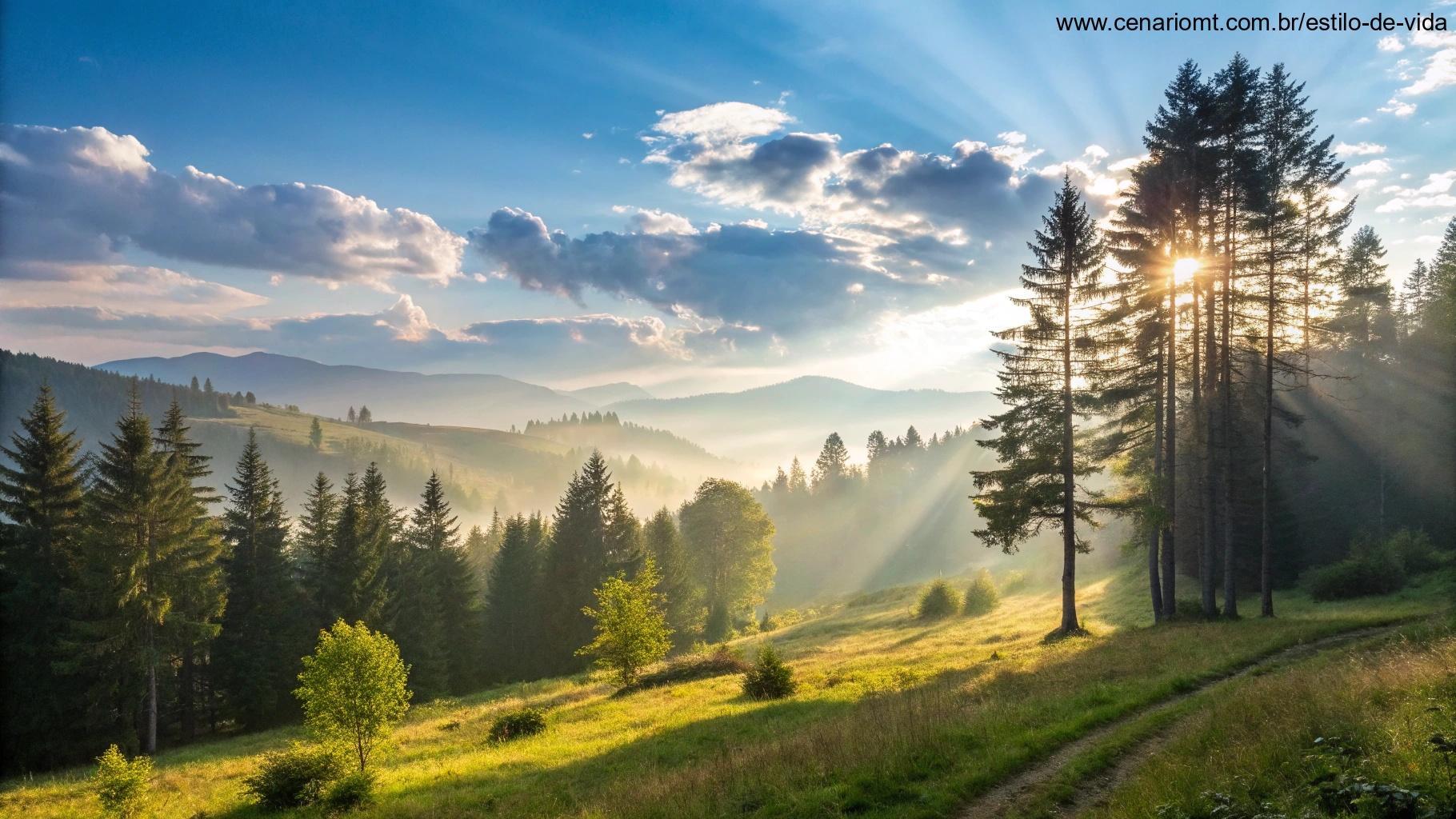 Paisagem com raios de sol entre as árvores, inspirando um novo começo nesta quinta-feira.