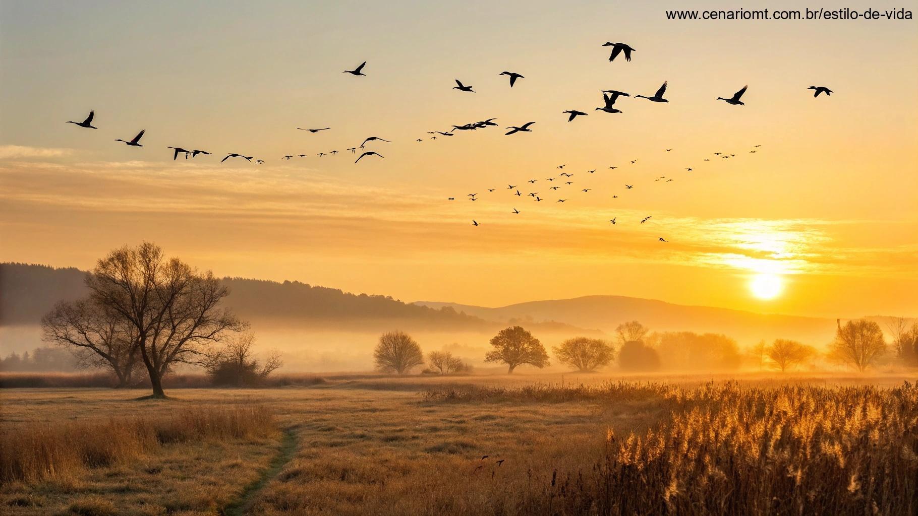 Cena natural com pássaros voando ao amanhecer, simbolizando inspiração para uma jornada espiritual.