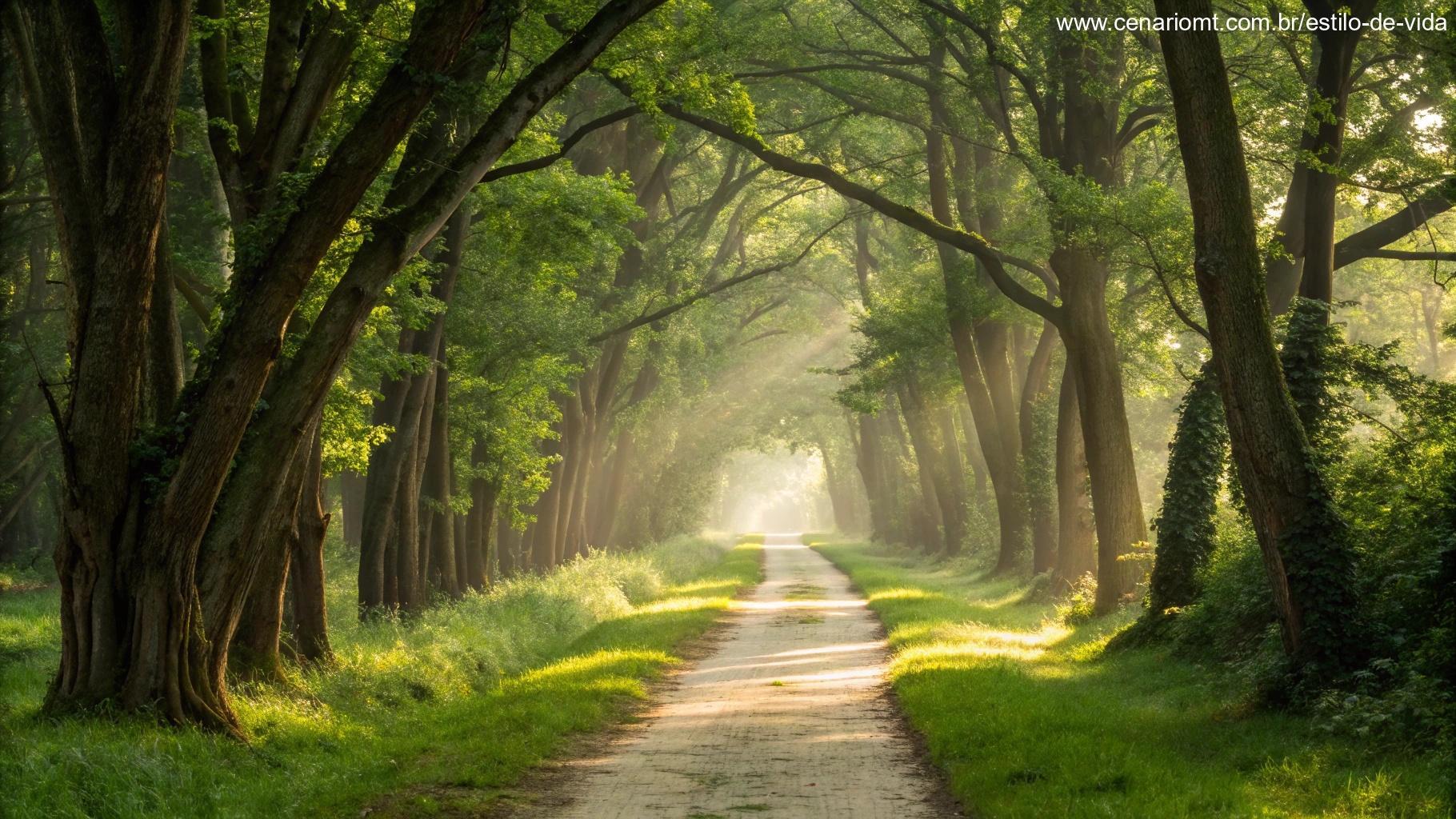 Uma cena serena de um caminho tranquilo na floresta com luz suave filtrando pelas árvores, criando um ambiente calmante e inspirador para reflexão em um contexto religioso.