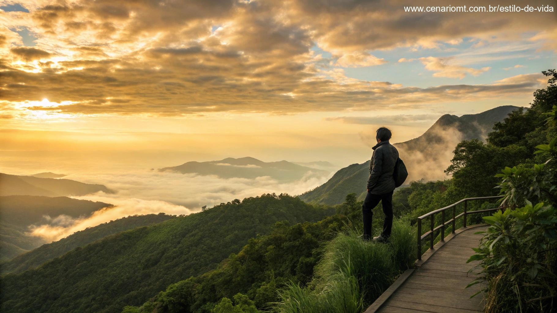 Vista de montanhas ao nascer do sol, céu dourado e frase inspiradora entre as nuvens.