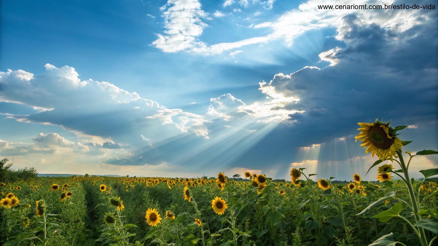 Campo vibrante de girassóis sob um céu azul brilhante, com raios de sol atravessando as nuvens, simbolizando esperança, inspiração e positividade para o dia.