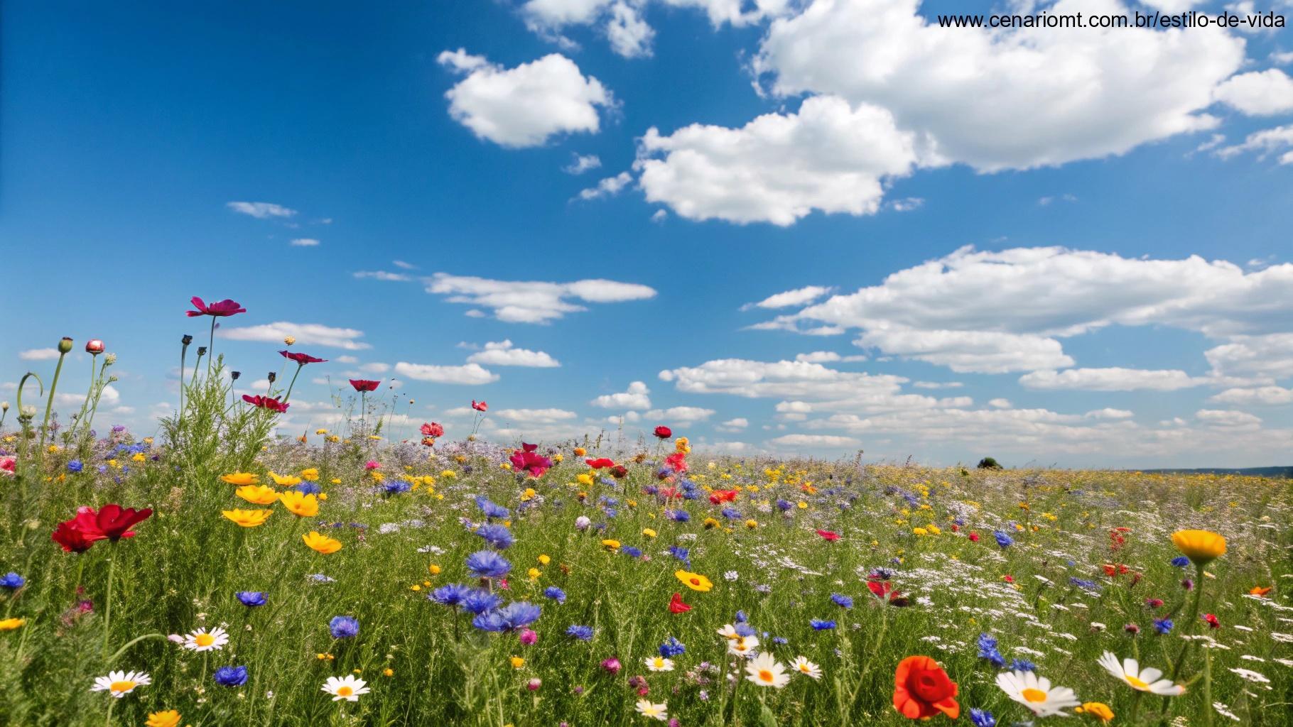 Um campo vibrante de flores silvestres sob um céu azul brilhante, simbolizando esperança e novos começos