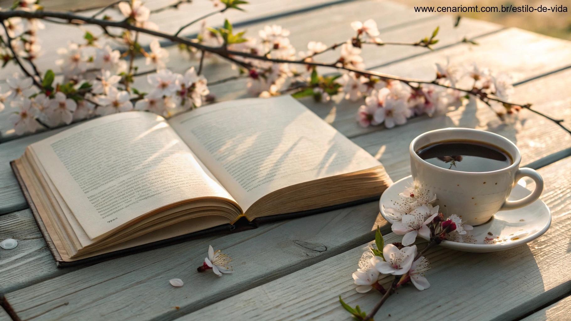 Um livro aberto em uma mesa de madeira com uma xícara de café, cercado por flores desabrochando e luz suave da manhã, evocando inspiração e calma