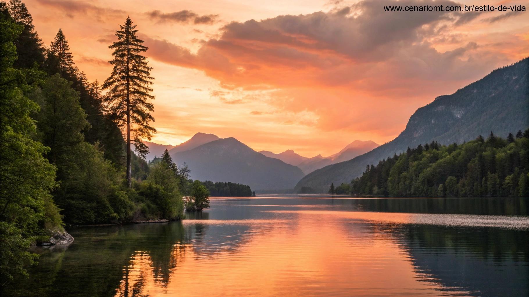 Cena motivadora e inspiradora com um belo pôr do sol sobre um lago calmo, rodeado por montanhas e árvores, criando uma atmosfera de esperança e inspiração para uma citação inspiradora.