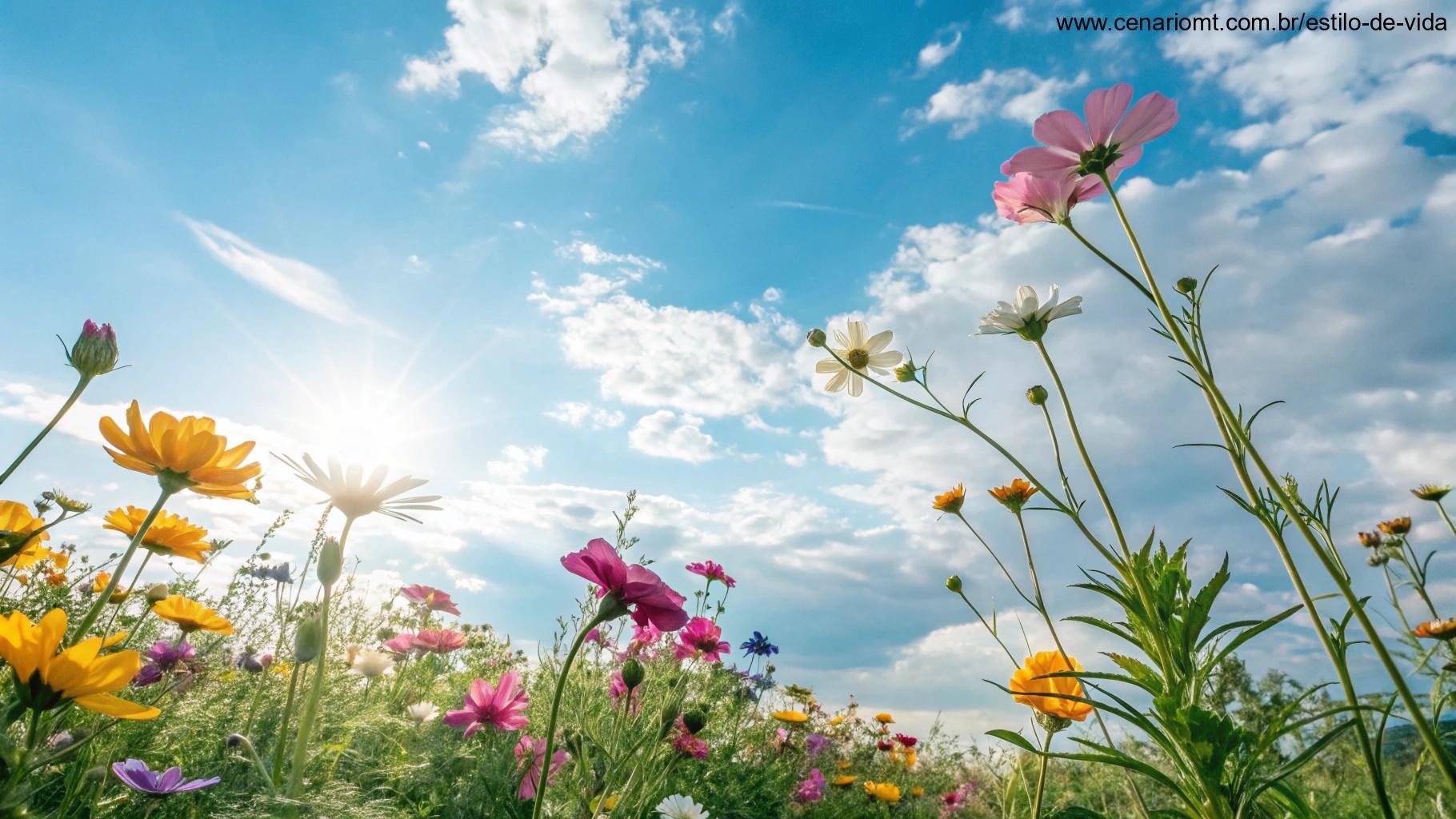 Ilustração vibrante e inspiradora com flores coloridas, um céu brilhante e uma mensagem positiva incorporada na cena para representar frases motivacionais para o sábado.