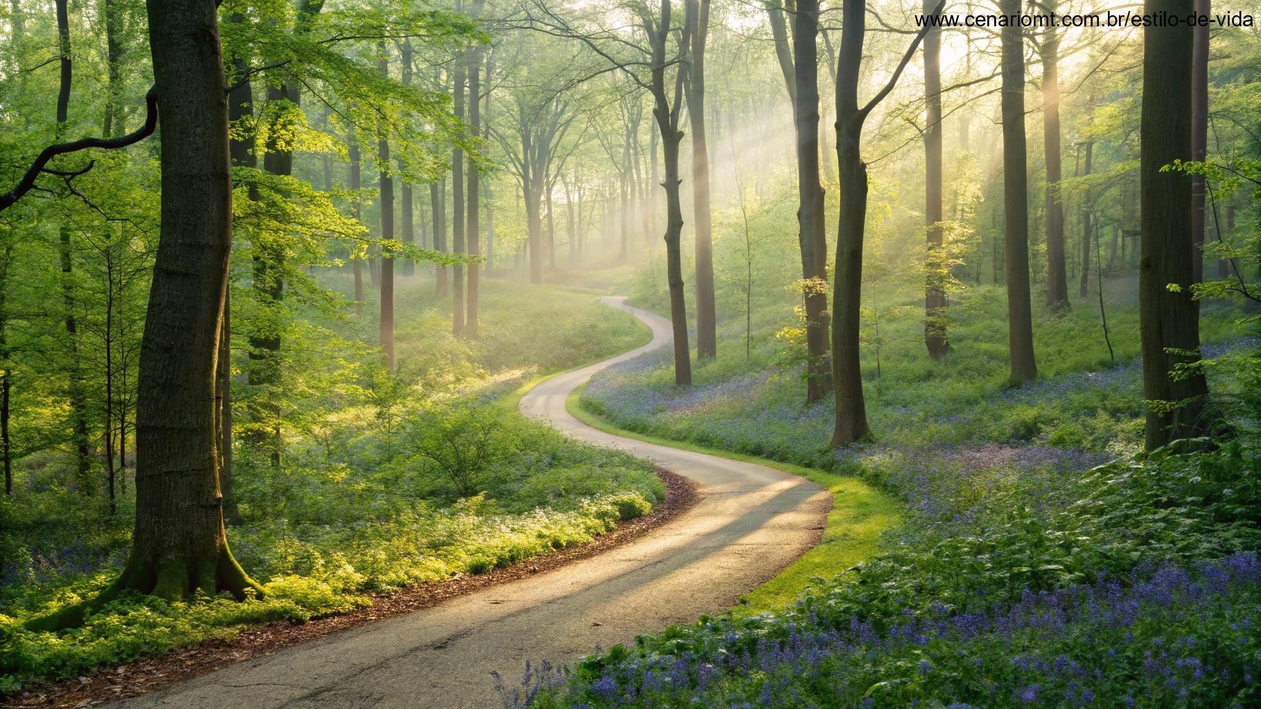 Caminho sinuoso através de uma floresta vibrante com a luz do sol filtrando pelas árvores, simbolizando esperança, crescimento e novos começos para a semana.