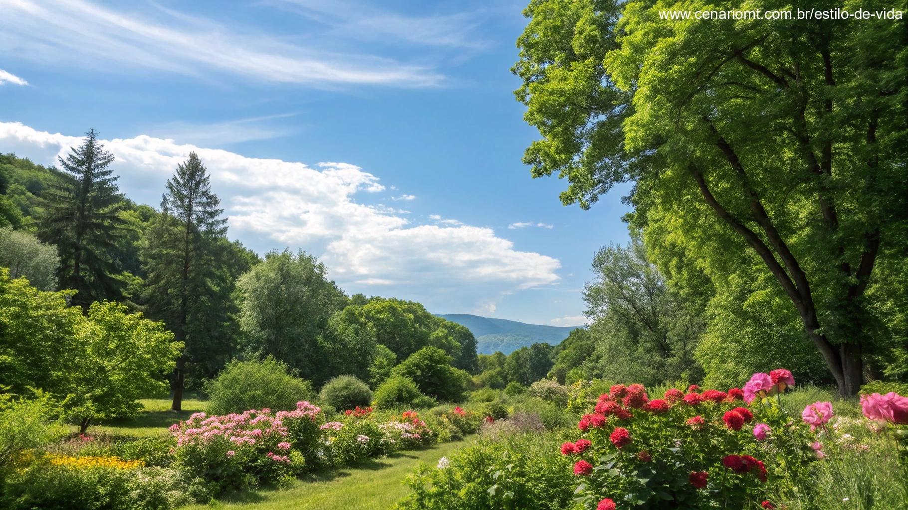 Cena tranquila na natureza com árvores verdes exuberantes, céu azul claro e flores vibrantes, simbolizando um novo começo.