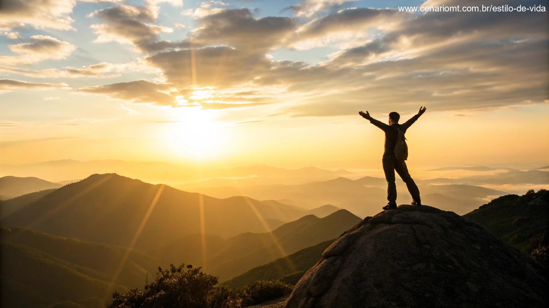 Cena motivacional de uma pessoa no topo da montanha, olhando para o nascer do sol.
