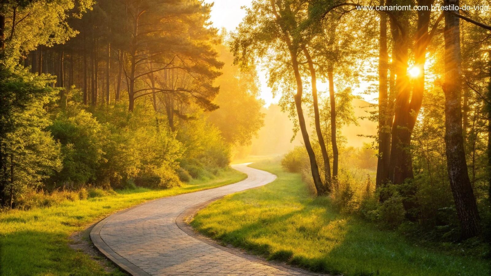 Caminho sinuoso através de uma floresta vibrante com luz solar dourada filtrando pelas árvores, levando a um horizonte brilhante